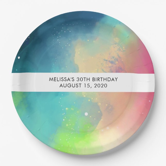Stylish Modern Green Nebula Watercolor Abstract Paper Plate (Front)