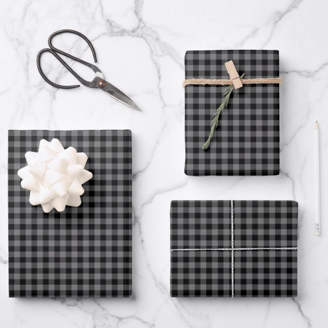 Stylish Modern Grey Black Buffalo Check Plaid Wrapping Paper Sheet (Front)