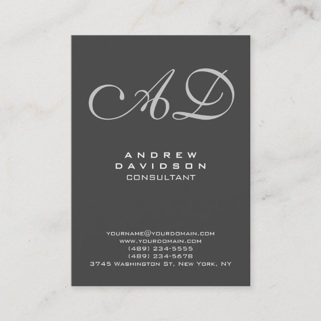 Stylish Modern Grey Script Monogram Business Card (Front)