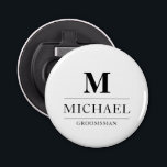 Stylish Modern Groomsmen Gifts Monogram Best Man Bottle Opener<br><div class="desc">This elegant monogrammed black and white bottle opener features the groomsmen's names and initials, written in a stylish, black minimalist typography. Simply add the names and initials of the groomsmen in the personalization section to create your own masculine groomsmen bottle opener. Although displayed here as a groomsman gift, you can...</div>