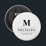 Stylish Modern Groomsmen Gifts Monogram Best Man Bottle Opener<br><div class="desc">This elegant monogrammed black and white bottle opener features the groomsmen's names and initials, written in a stylish, black minimalist typography. Simply add the names and initials of the groomsmen in the personalization section to create your own masculine groomsmen bottle opener. Although displayed here as a groomsman gift, you can...</div>