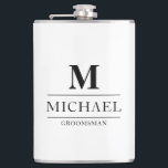 Stylish Modern Groomsmen Gifts Monogram Best Man Hip Flask<br><div class="desc">This simple monogrammed black and white flask features the groomsmen name and initial, written in a trendy, black minimalist typography. Simply add the names of the groomsmen and their initial in the personalize section to create your own masculine groomsmen flask. Although shown here as a groomsman flask, easily customize the...</div>