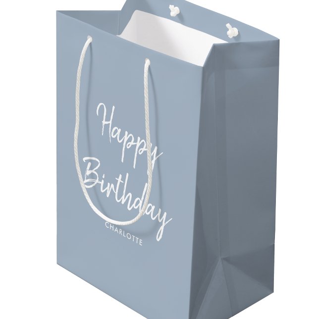 Stylish Modern Happy Birthday Blue Grey Medium Gift Bag (Creator Uploaded)
