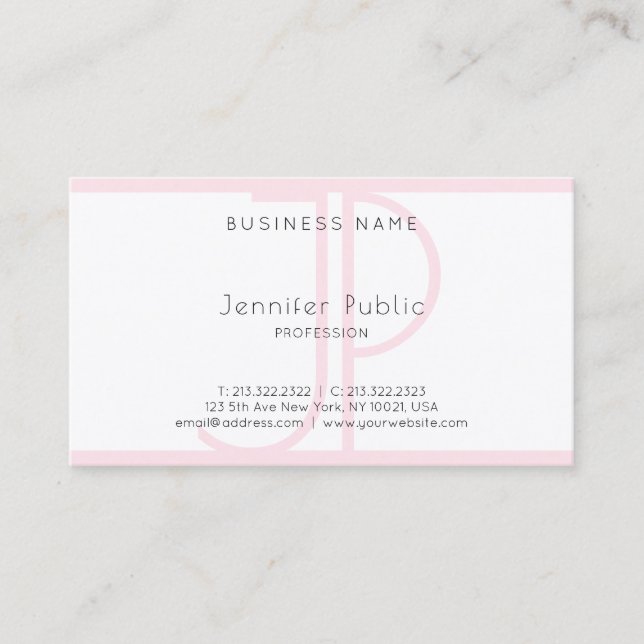 Stylish Modern Monogram Pink White Plain Luxury Business Card (Front)