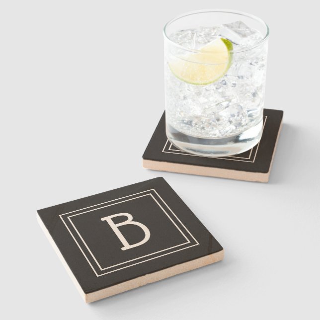 Stylish Modern Monogrammed Black & White Initial Stone Coaster (Side)