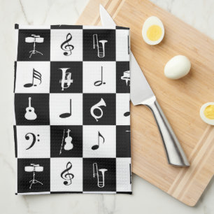 Stylish Modern Music Notes and Instruments Kitchen Towel