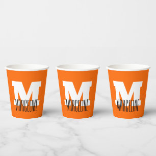 Stylish Modern Name Initial   Neon Sunset Orange Paper Cups