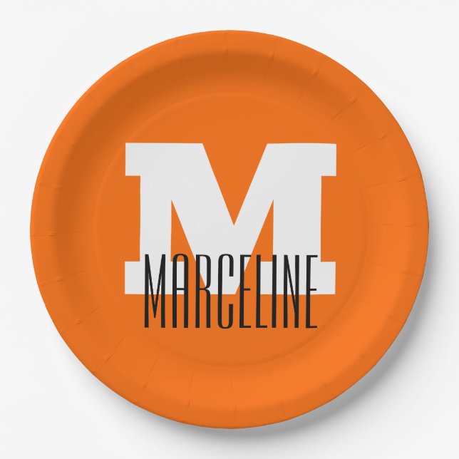 Stylish Modern Name Initial | Neon Sunset Orange Paper Plate (Front)