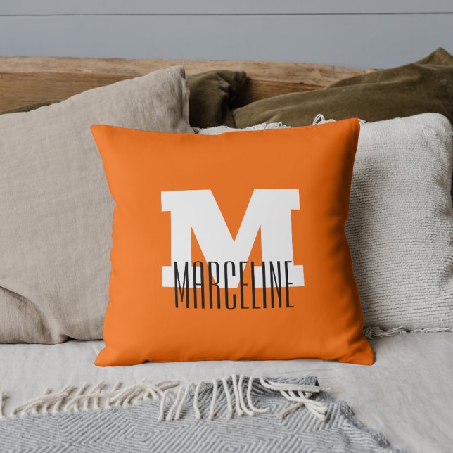 Stylish Modern Name Initial | Neon Sunset Orange Throw Pillow (Creator Uploaded)