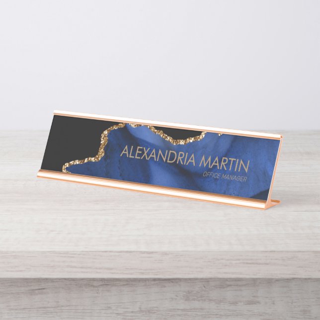 Stylish Modern Navy Blue Gold Glitter Marble Agate Desk Name Plate (Front)