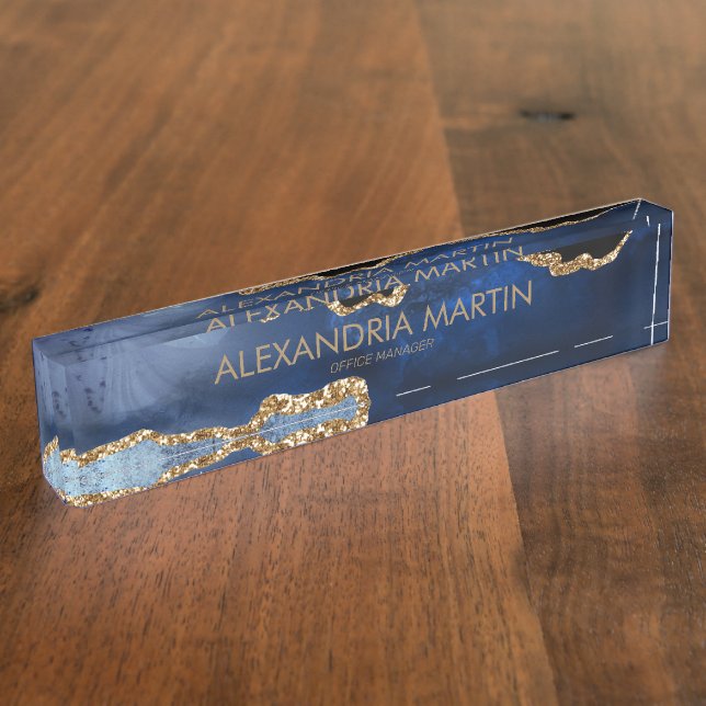 Stylish Modern Navy Blue Gold Glitter Office Nameplate (Side)