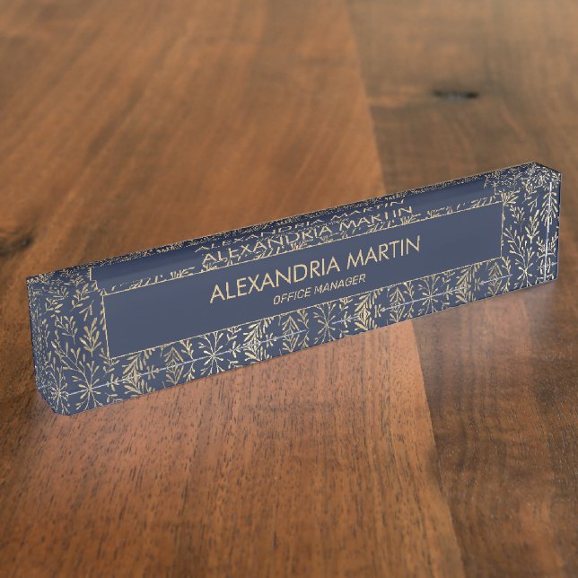 Stylish Modern Navy Blue Gold Leaves Professional  Nameplate (Side)