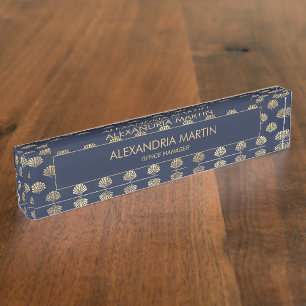 Stylish Modern Navy Blue Gold Seashells Beach Nameplate
