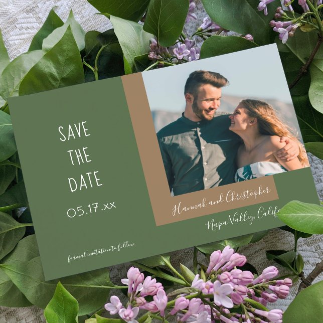 Stylish Modern Olive Green Photo Simple Wedding Save The Date (Creator Uploaded)
