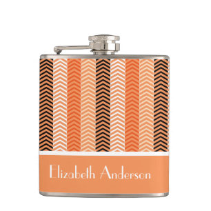 Stylish Modern Orange Chevron Stripes With Name Hip Flask