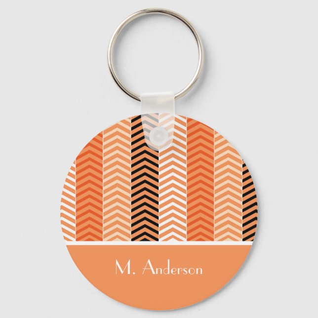 Stylish Modern Orange Chevron Stripes With Name Keychain (Front)