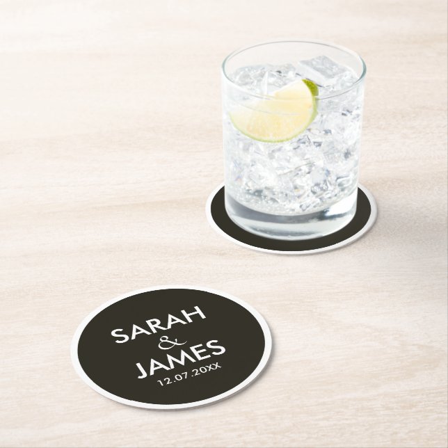 STYLISH MODERN PERSONALIZED NAME BLACK WEDDING ROUND PAPER COASTER (Insitu)