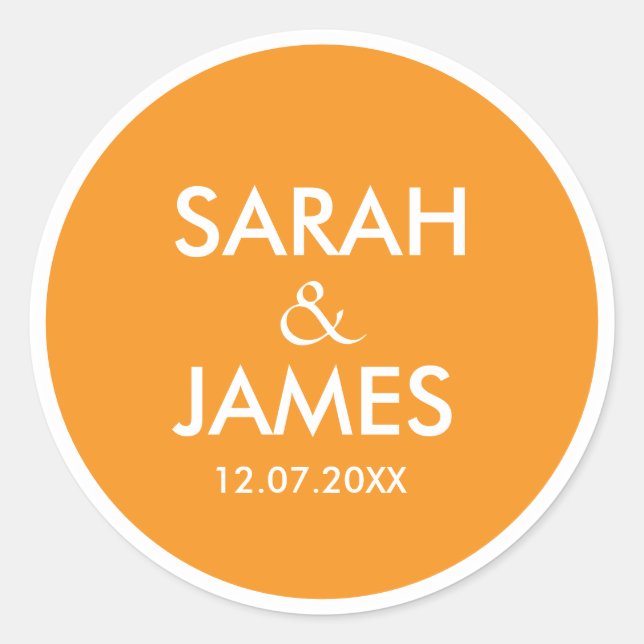 STYLISH MODERN PERSONALIZED NAME ORANGE WEDDING CLASSIC ROUND STICKER (Front)