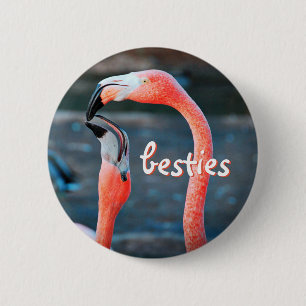 Stylish Modern Pink Flamingos Photo Besties Script 2 Inch Round Button