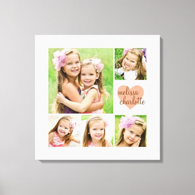 Stylish Modern Pink Heart Personalized Photo Canvas Print (Front)