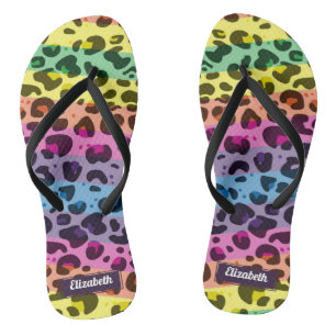 Stylish modern rainbow leopard spots with name flip flops