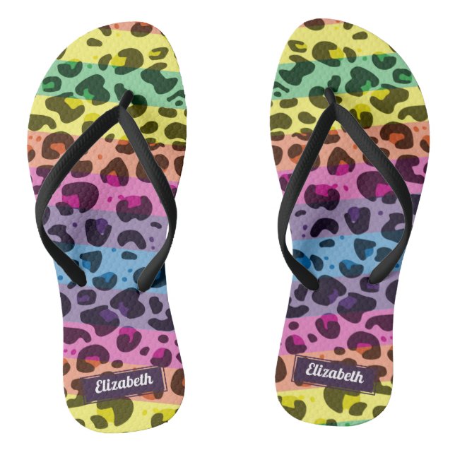 Stylish modern rainbow leopard spots with name flip flops (Footbed)