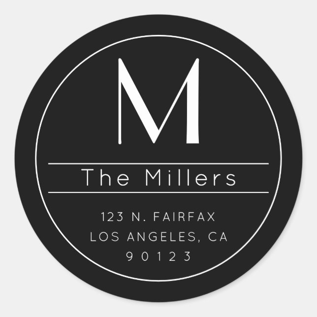 Stylish Modern Return Address & Monogram Classic Round Sticker (Front)