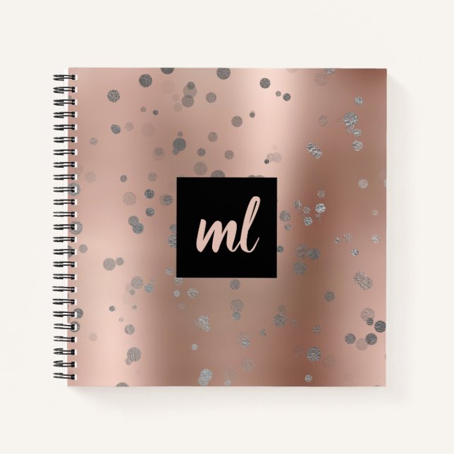 Stylish modern rose gold silver confetti dots notebook (Front)