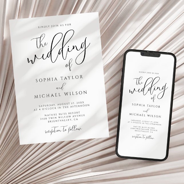 Stylish Modern Script Black And White Wedding Invitation (Creator Uploaded)