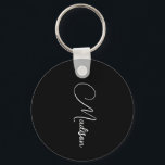 Stylish Modern Script Name Black Keychain<br><div class="desc">A simple,  stylish,  script name keychain with white typography on black. Minimalist style.</div>