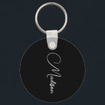 Stylish Modern Script Name Black Keychain<br><div class="desc">A simple,  stylish,  script name keychain with white typography on black. Minimalist style.</div>