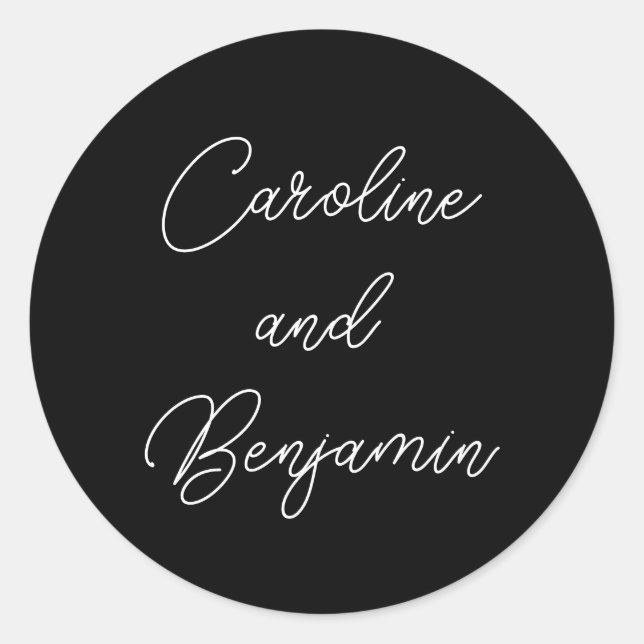 Stylish Modern Script Wedding Names Black Classic Round Sticker (Front)
