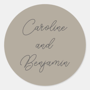 Stylish Modern Script Wedding Names Taupe Grey Classic Round Sticker