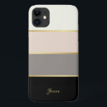 Stylish Modern Stripes Pattern with Name iPhone 11 Case<br><div class="desc">Stylish and feminine, this sleek design features wide horizontal stripes in cream, pink, taupe and black with thin gold lines dividing the colours of the stripes. A text template is included to personalize with your name, monogram initials or other desired text. You can also delete the sample text If you...</div>