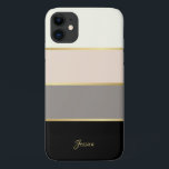 Stylish Modern Stripes Pattern with Name iPhone 11 Case<br><div class="desc">Stylish and feminine, this sleek design features wide horizontal stripes in cream, pink, taupe and black with thin gold lines dividing the colours of the stripes. A text template is included to personalize with your name, monogram initials or other desired text. You can also delete the sample text If you...</div>