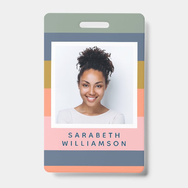Stylish Modern Stripes Pretty Earthy Name Photo Badge (Front)