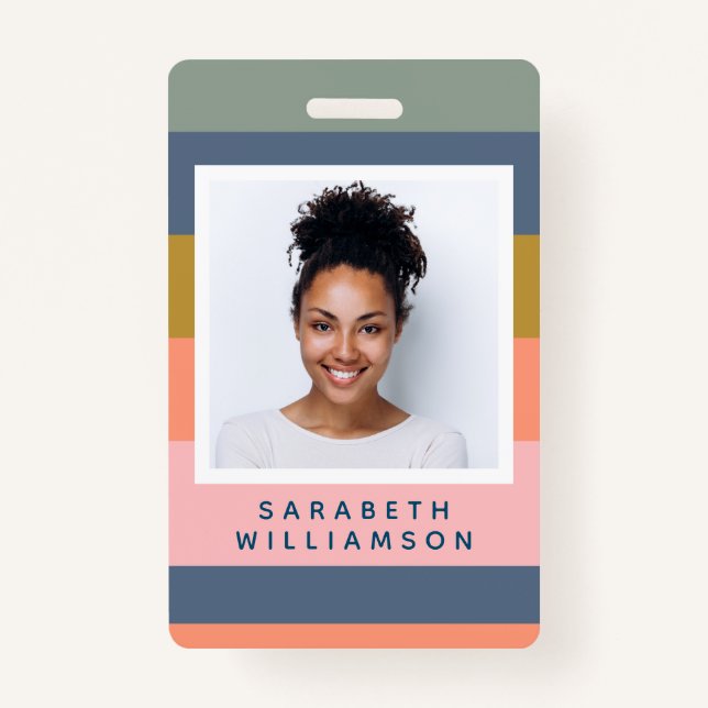 Stylish Modern Stripes Pretty Earthy Name Photo Badge (Front)