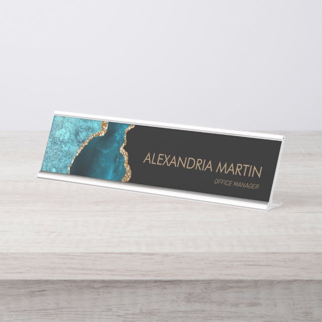 Stylish Modern Teal Black Gold Glitter Desk Name Plate (Front)