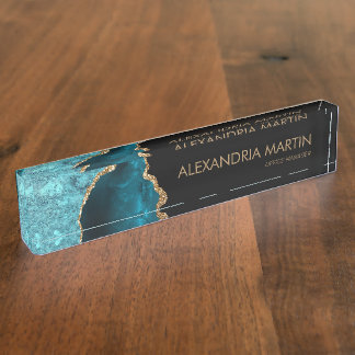 Stylish Modern Teal Black Gold Glitter Nameplate