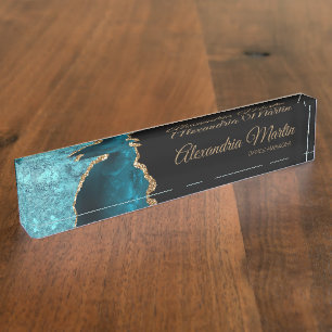 Stylish Modern Teal Black Gold Glitter Script Nameplate