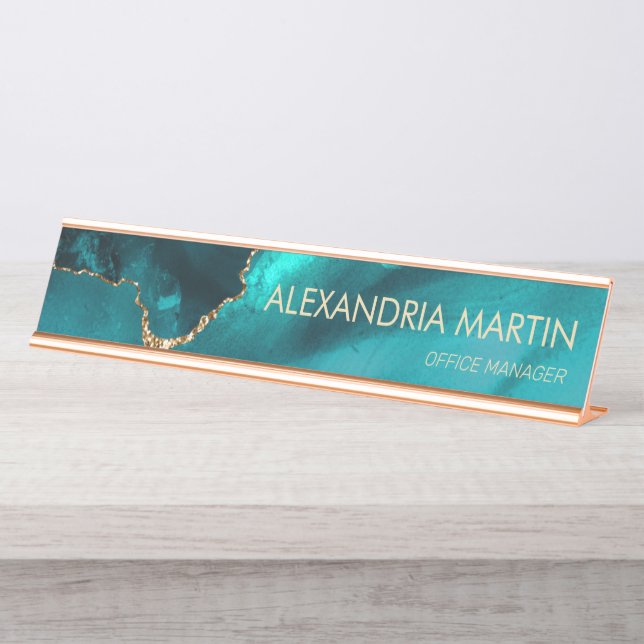 Stylish Modern Teal Gold Glitter Marble   Desk Name Plate (Front)