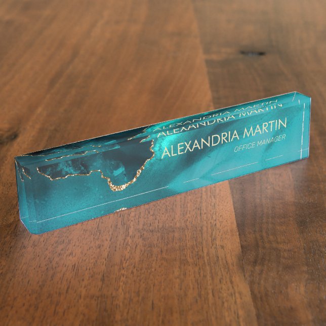 Stylish Modern Teal Gold Glitter Marble   Nameplate (Side)