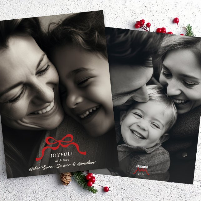 stylish modern trendy christmas red bow 2 photo holiday card (Creator Uploaded)