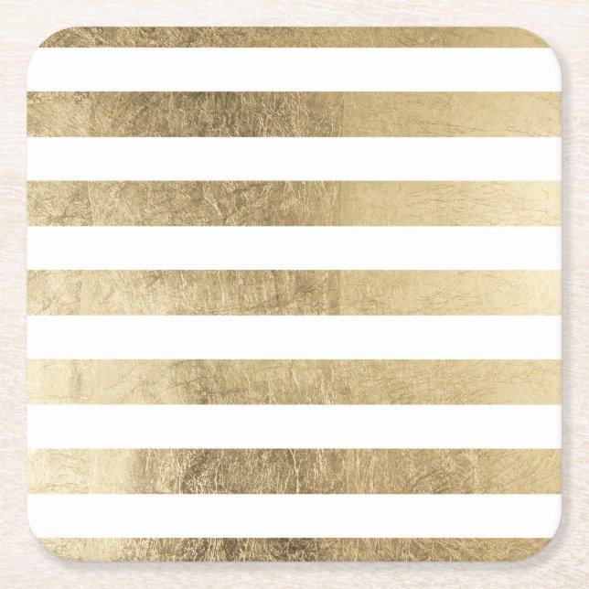Stylish modern trendy faux gold foil stripes square paper coaster (Front)