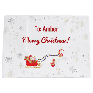 Stylish Modern Unicorn Santa Snow Name Script Xmas Large Gift Bag