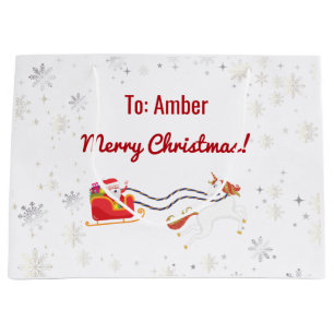 Stylish Modern Unicorn Santa Snow Name Script Xmas Large Gift Bag