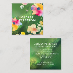 Stylish Modern Watercolor Floral Flowers Botanical Square Business Card