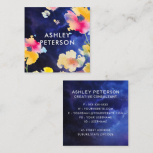 Stylish Modern Watercolor Floral Flowers Botanical Square Business Card