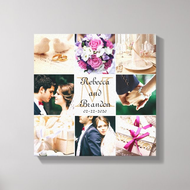 Stylish Modern Wedding Monogrammed Photo Collage Canvas Print (Front)