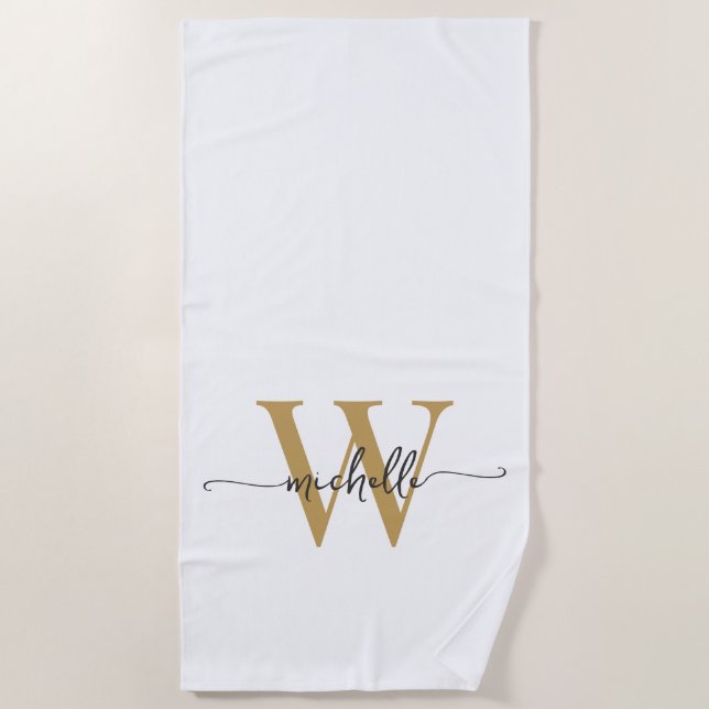 Stylish Modern White Gold Monogram Name Script Beach Towel (Front)